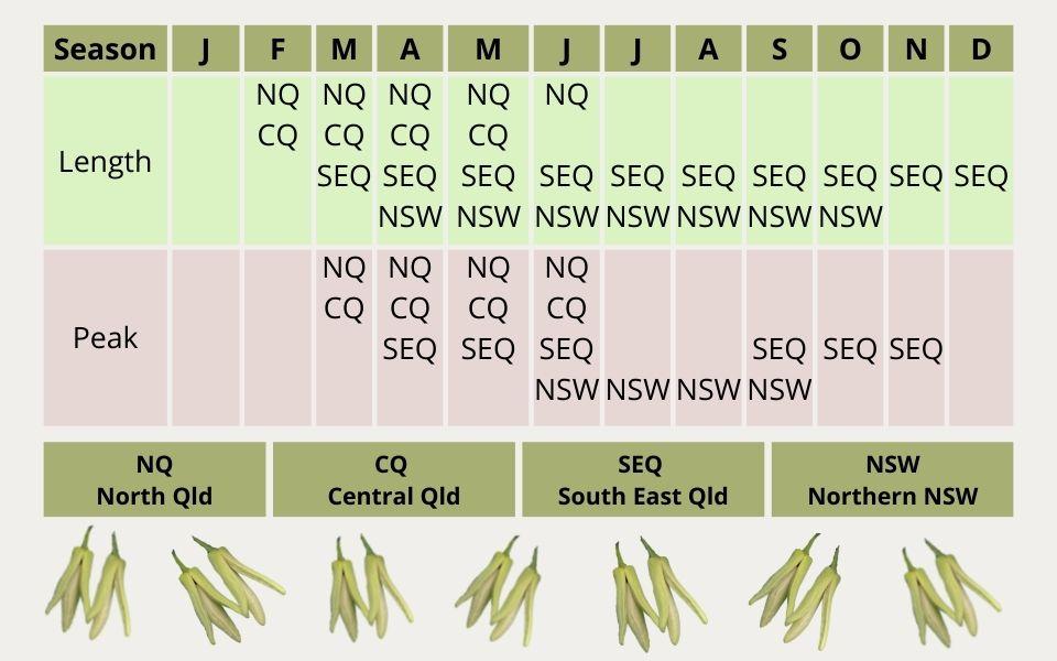 Chart showing length of Custard Apple growing seasons in North Queensland, Central Queensland, South East Queensland and Northern New South Wales
